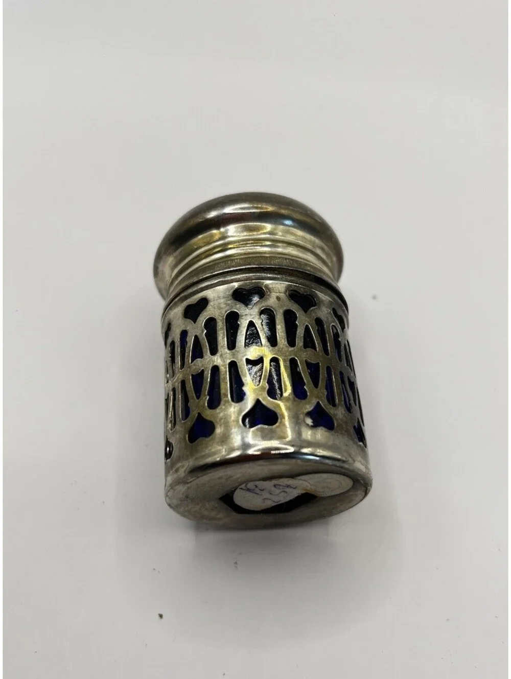 Vintage Cobalt Blue Glass Salt Shaker Pierced Silver Heart Filigree Cutout 2.25